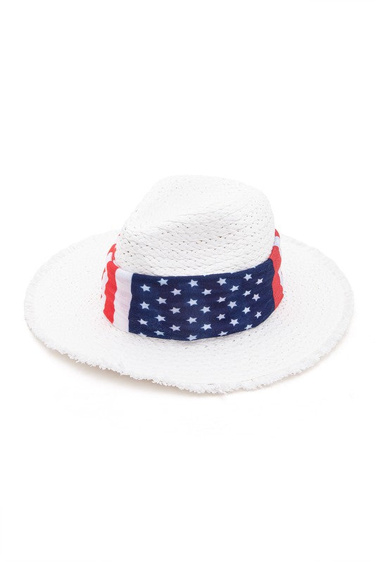 American Flag Hat Band Raw Edge Straw Fedora