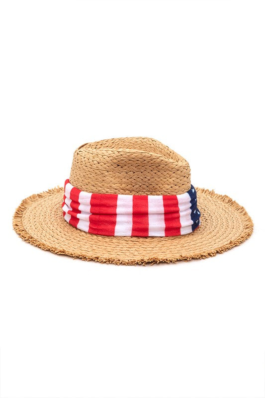 American Flag Hat Band Raw Edge Straw Fedora