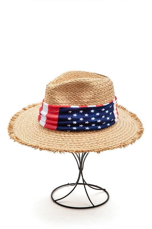 American Flag Hat Band Raw Edge Straw Fedora