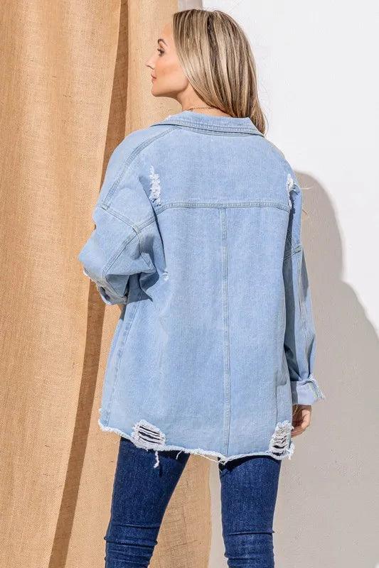 And The Why Button Front Flap Pocket Ripped Denim Jacket