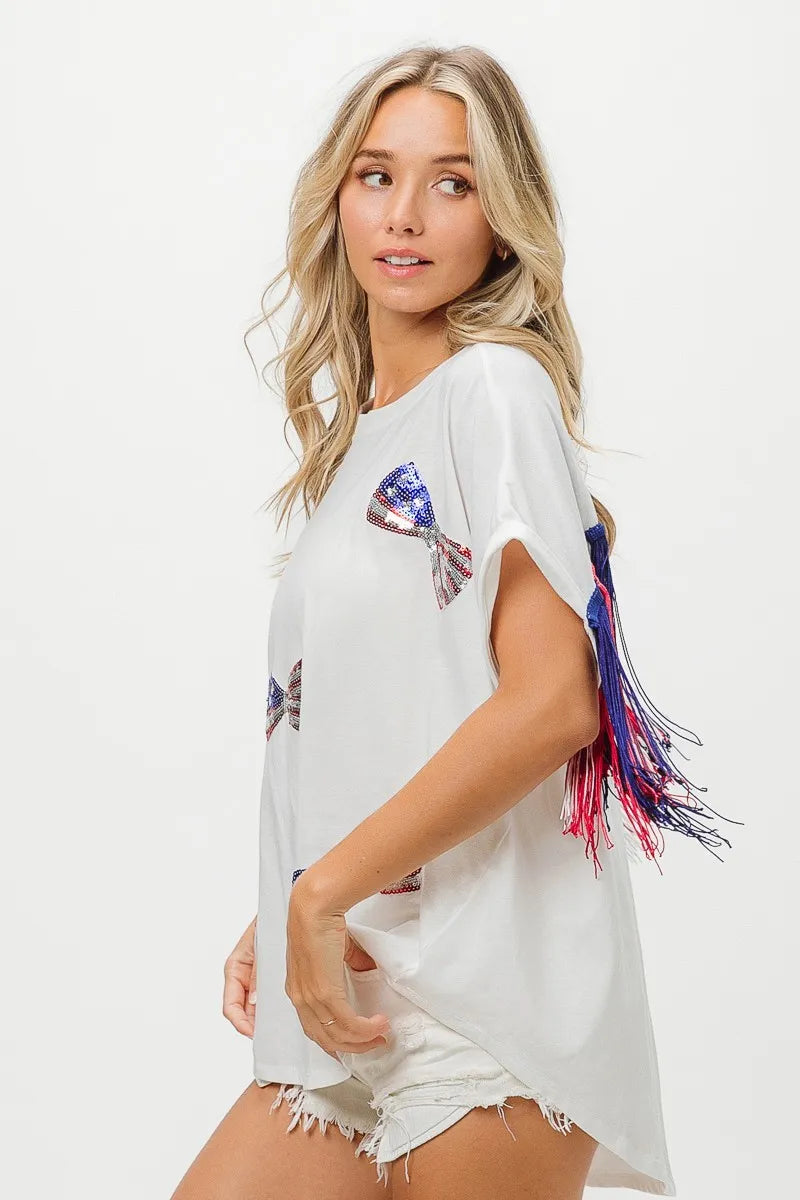 American Flag Sequin Ribbon T-Shirt