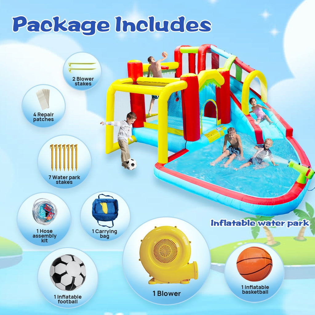 7 in1 Inflatable slide water park bouncing house outdoor Soccer garden bouncer with Splash pool  & Water gun & Climbing wall & Basketball & Football