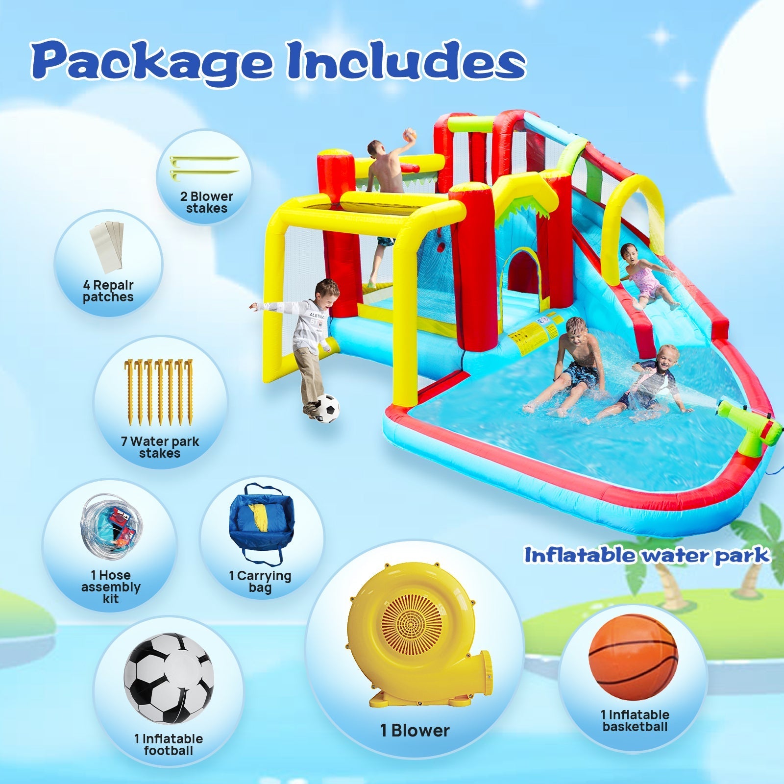 7 in1 Inflatable slide water park bouncing house outdoor Soccer garden bouncer with Splash pool  & Water gun & Climbing wall & Basketball & Football