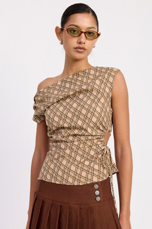 ASYMMETRIC ONE SHOULDER RUCHED PLAID TOP