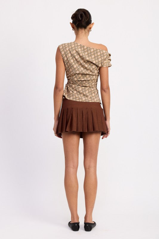 ASYMMETRIC ONE SHOULDER RUCHED PLAID TOP
