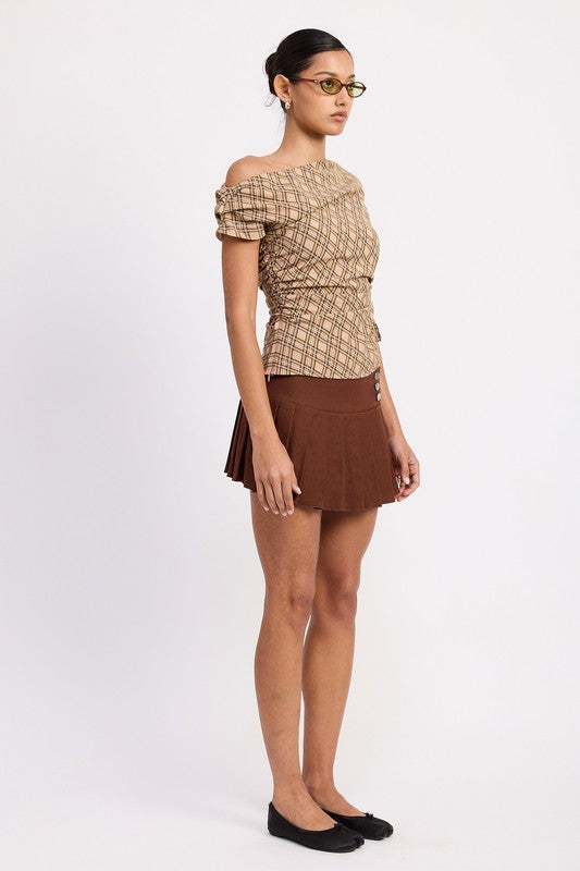 ASYMMETRIC ONE SHOULDER RUCHED PLAID TOP