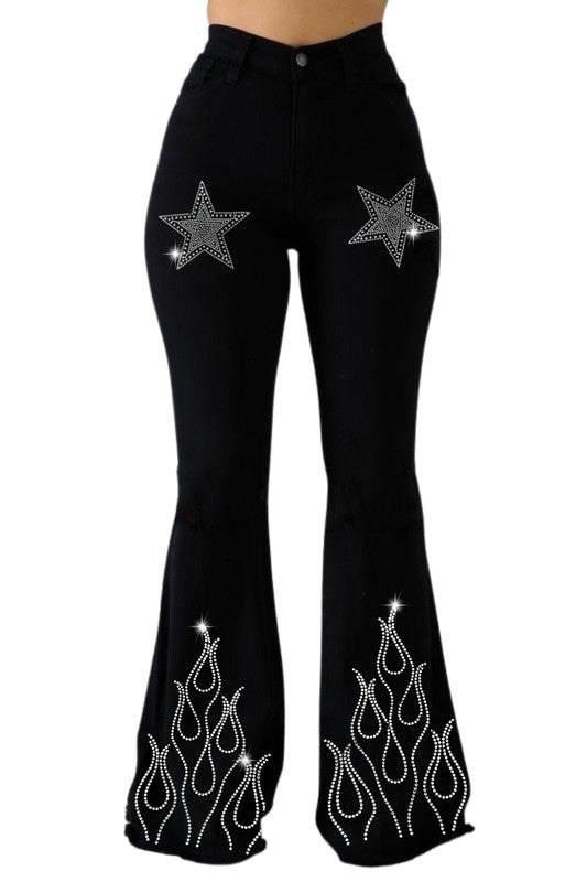 Bell Bottom Jean With Flame/Star Rhinestones