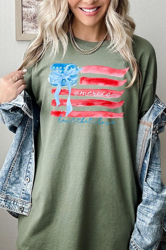 American Flag Bow Graphic Heavy Cotton Tee