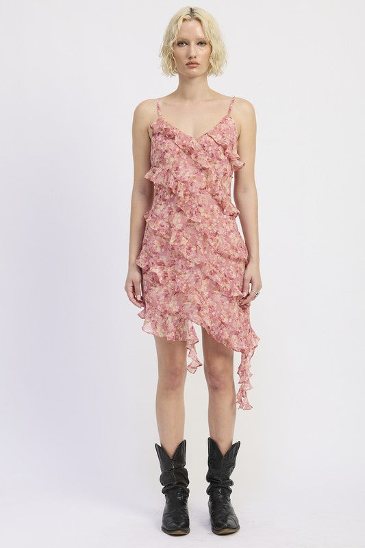 ASYMMETRICAL RUFFLE MINI DRESS