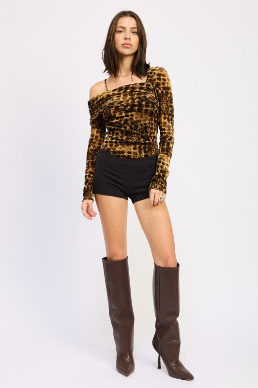 ANIMAL PRINT FLOCKING MESH ASYMMETRICAL BODYSUIT