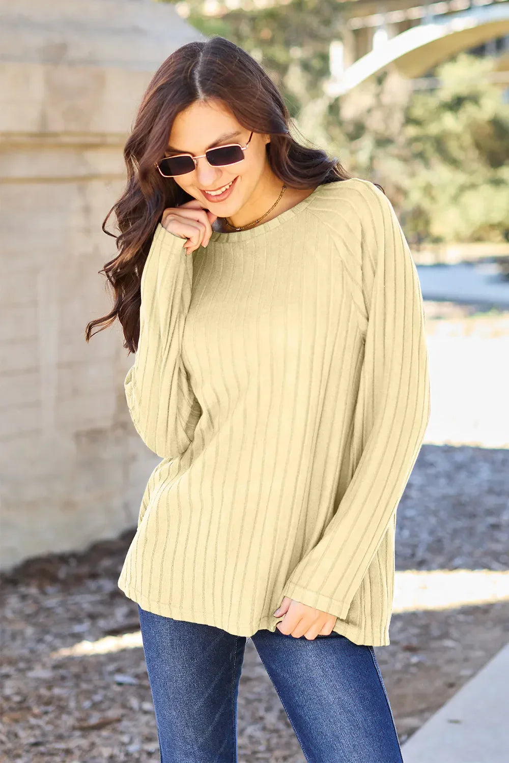 Basic Bae Ribbed Round Neck Long Sleeve Knit Top