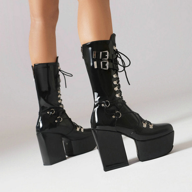 Below The Knee Fashion Women's Boots Autumn And Winter New Punk Belt Buckle Square Head