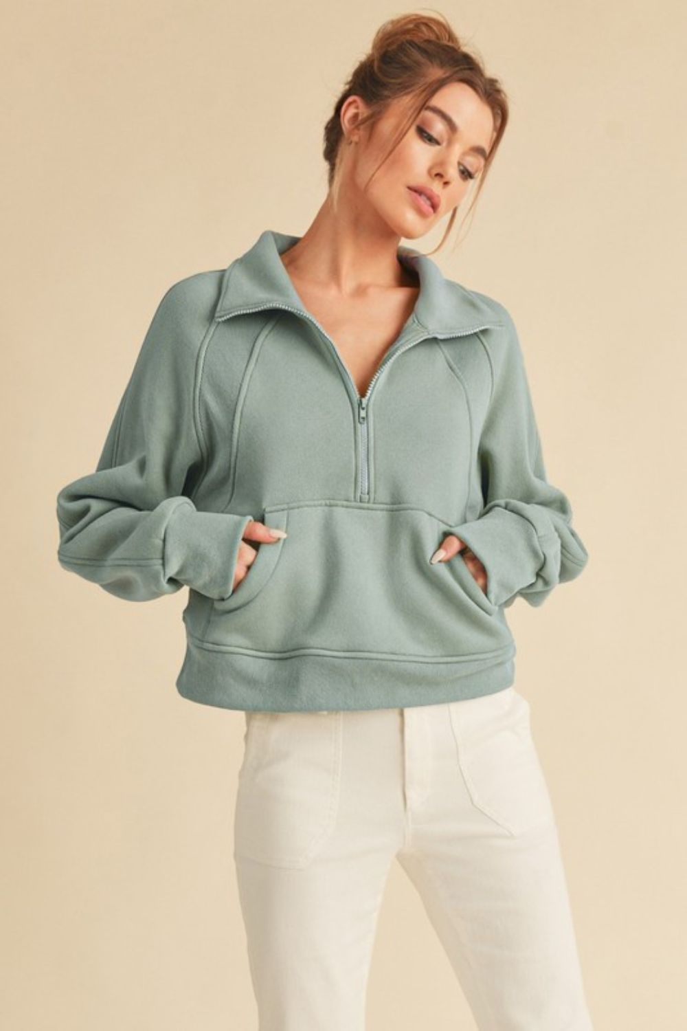 Aemi + Co Half Zip Raglan Sleeve Sweatshirt with Kangaroo Pocket