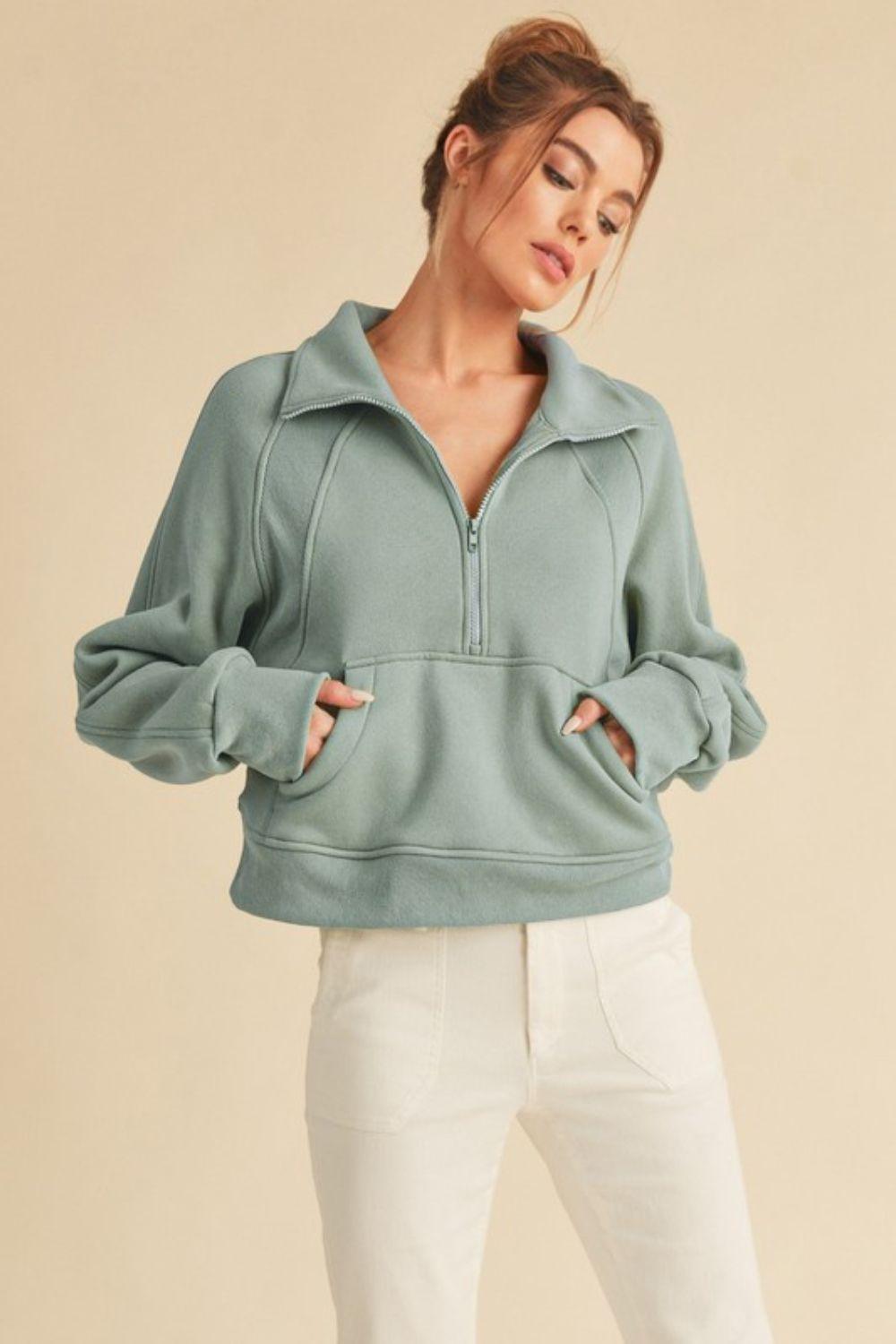 Aemi + Co Half Zip Raglan Sleeve Sweatshirt with Kangaroo Pocket