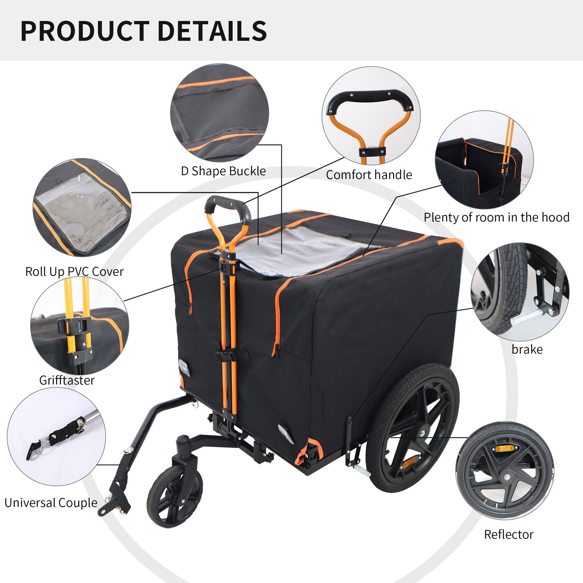 2-in-1 Bike & Pull-Behind Pet Trailer â€?Convertible Dog/Cat Carrier with Detachable Bike Hitch & Built-in Towing Handle â€?All-Terrain Wheels for Cycling and Hand-Pulled Transport, Orange and Black