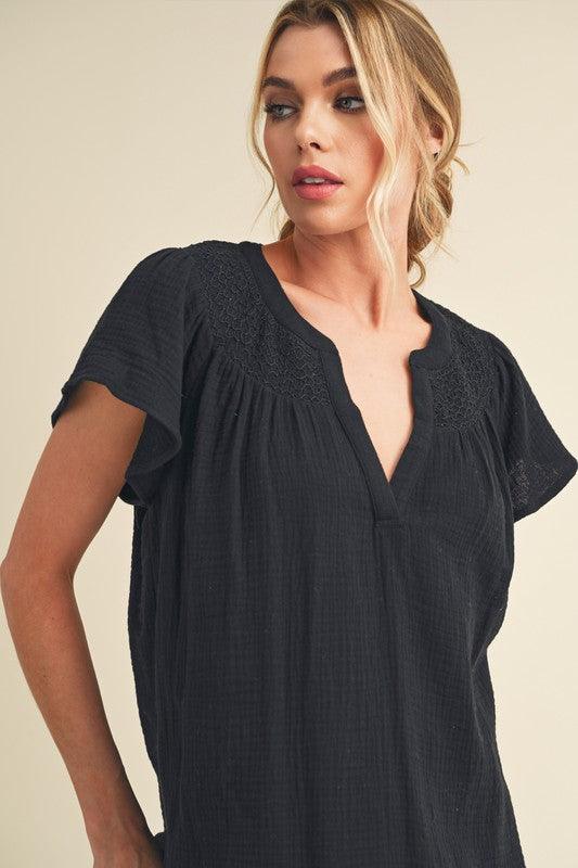 Aemi + Co Embroidered Trim Side Slit Notched Short Sleeve Blouse