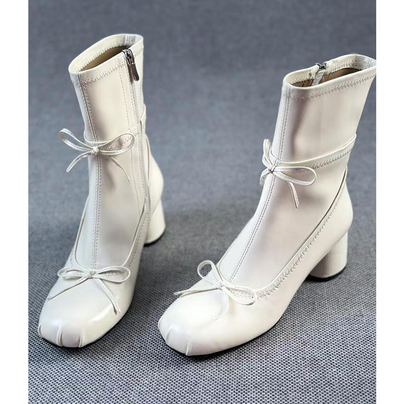 Ballet Style White High-heeled Round Head Thin Booties