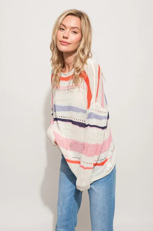 And The Why Abstract Striped Light Weight Loose Sweater in Pink Multi