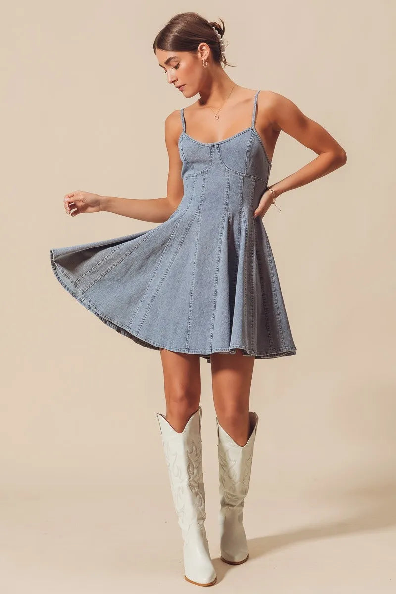 A Line Fit and Flare Denim Mini Dress
