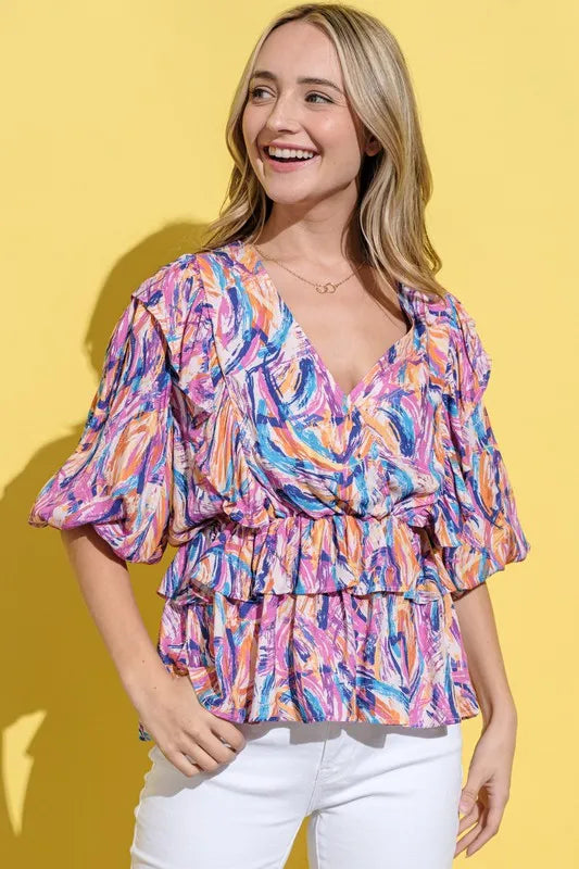 And The Why Printed Lantern Sleeve Blouse