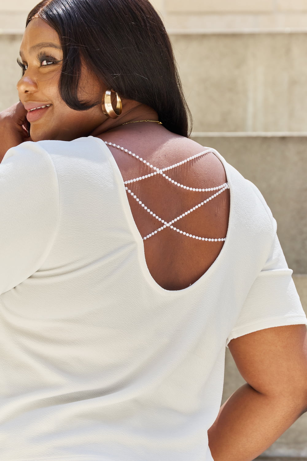 And The Why Pearly White Criss Cross Pearl Detail Open Back T-Shirt