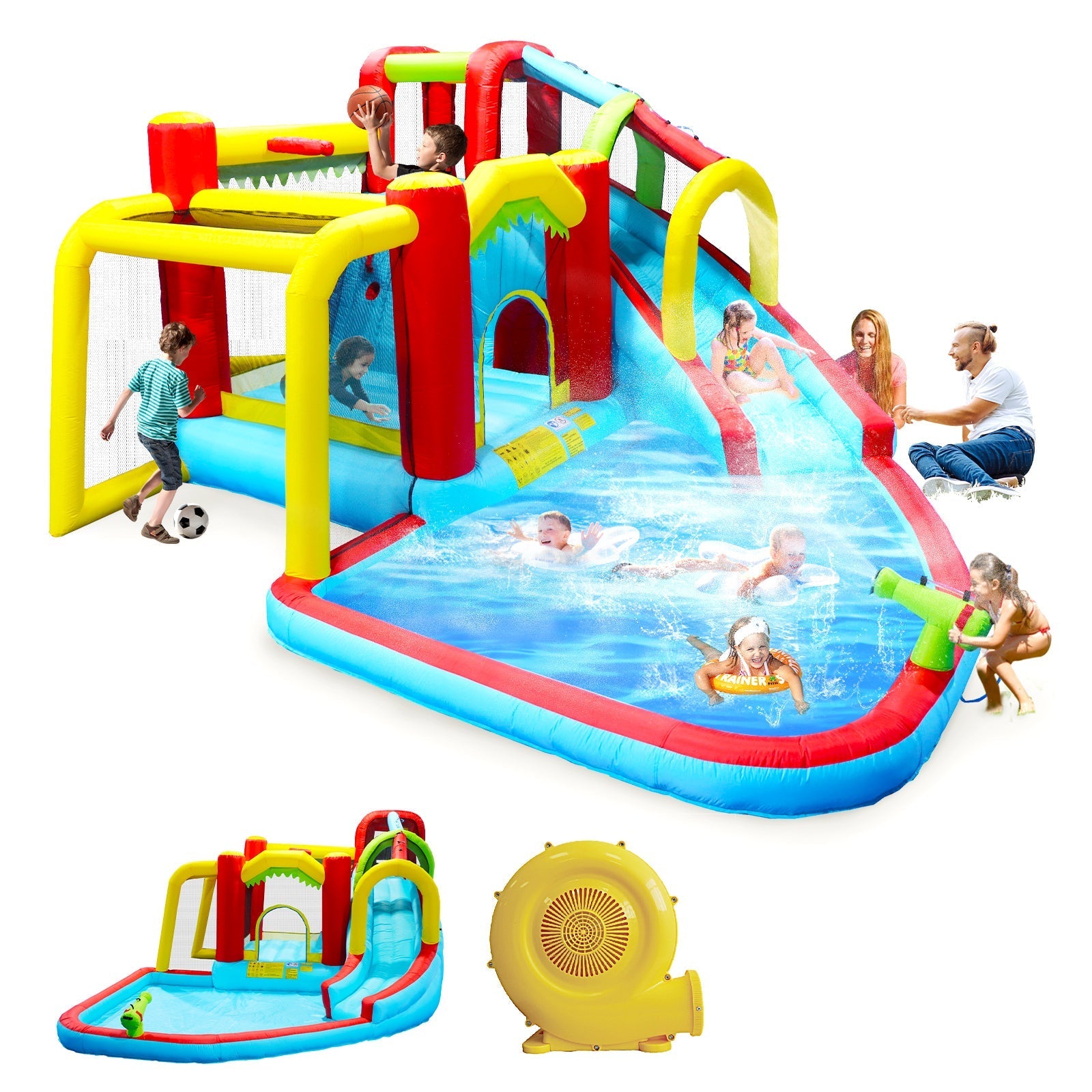7 in1 Inflatable slide water park bouncing house outdoor Soccer garden bouncer with Splash pool  & Water gun & Climbing wall & Basketball & Football