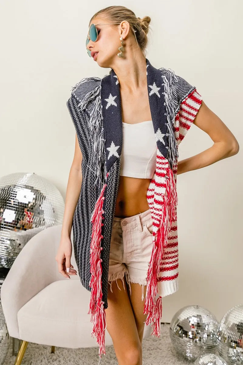 American Flag Fringe Edged Sweater Vest