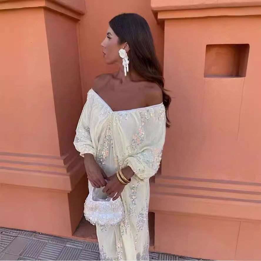 Bat Sleeve Sequins Deep V-neck Long Dress 20240345