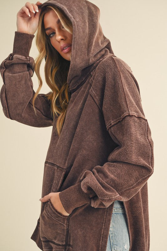 Aemi + Co Exposed Seam Side Slit Hoodie with Kangaroo Pocket