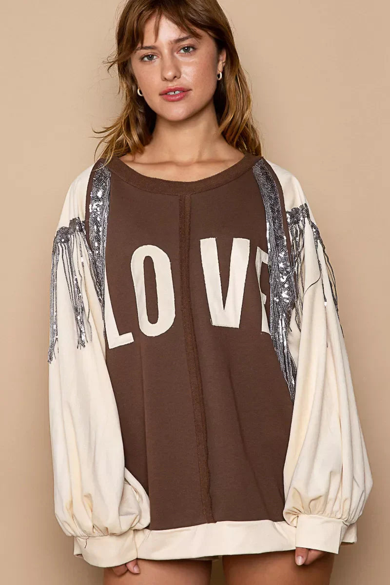 Balloon Sleeve French Terry Sweatshirt with Sequin Tassel