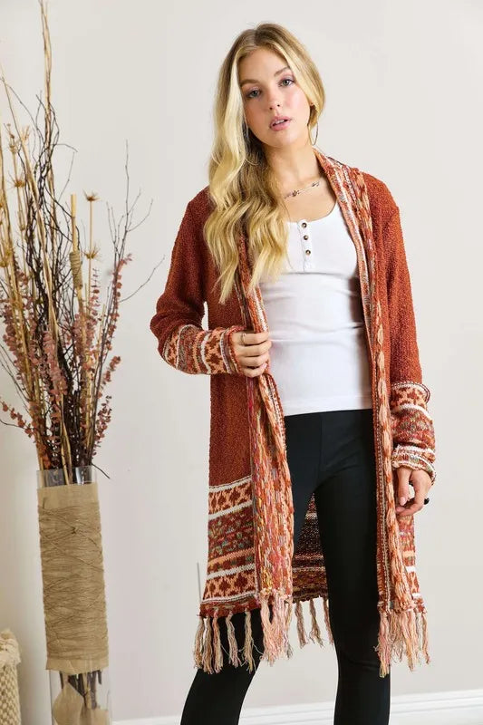 ADORA Full Size Fringe Hem Aztec Border Cardigan Plus Size