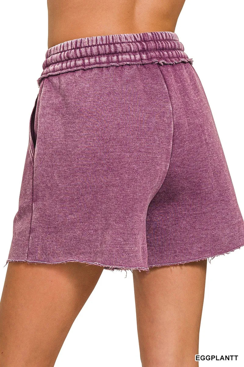 Acid Wash Fleece Drawstring Shorts With Pockets