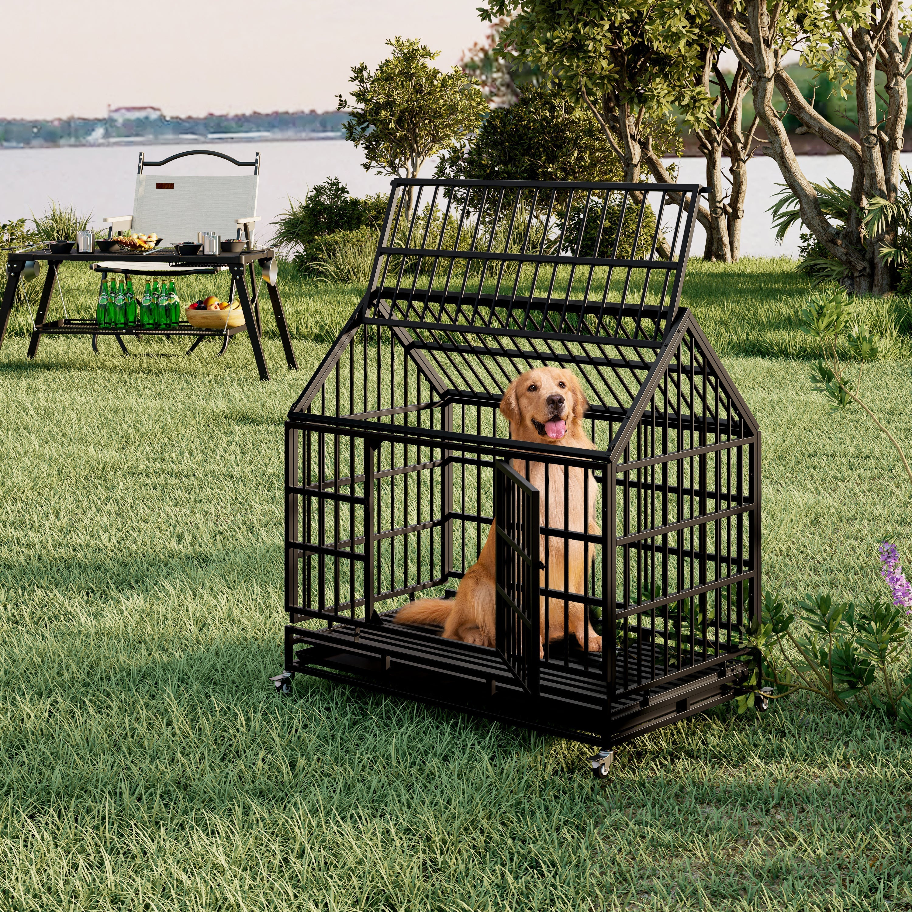 48 Inch Heavy Duty Dog Crate with Wheels, Folding Metal Big Dog Cage for Large and Medium Dogs, Cage with a pointed roof and Removable Tray.