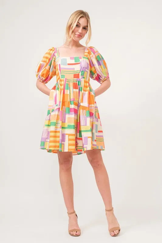 And The Why Square Neck Puff Sleeve Geo Printed Mini Dress