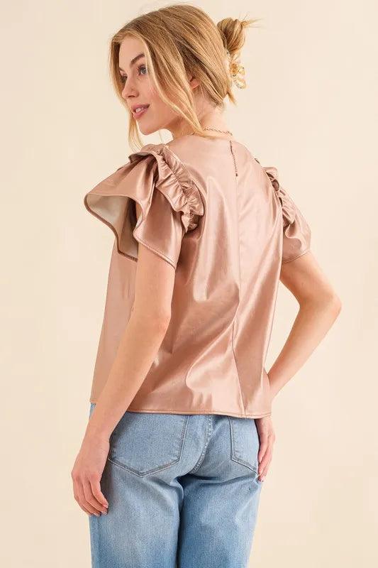 And The Why Faux Leather Ruffle Sleeves V Neck Top