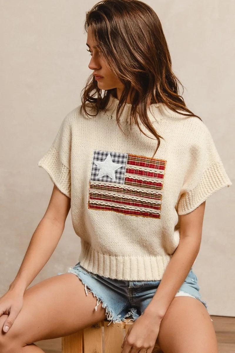 American Flag Patchwork Drop Shoulder Sweater