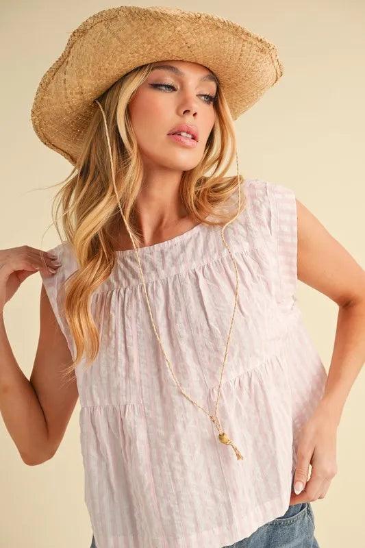 Aemi+Co Ruched Striped Round Neck Sleeveless Top