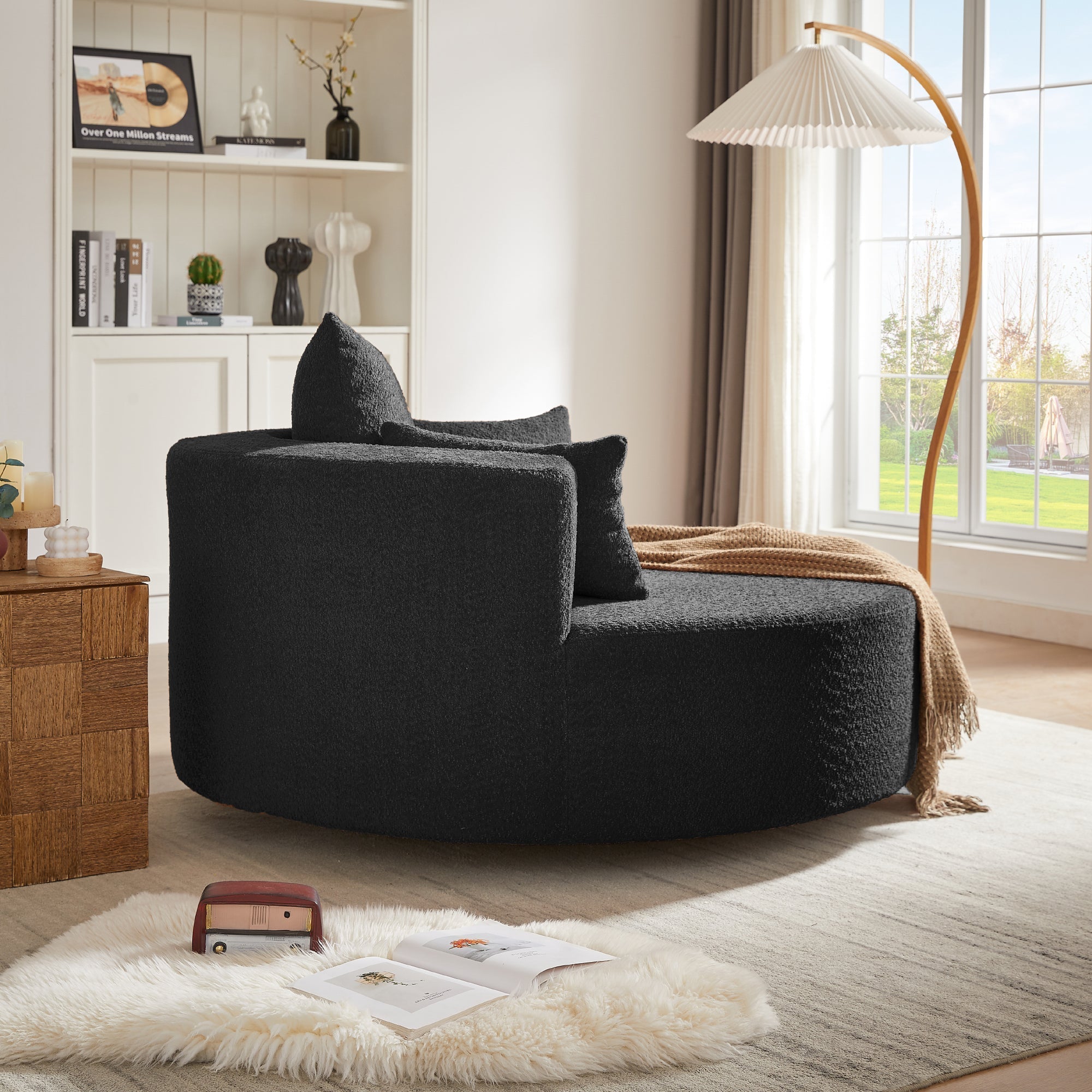 360° Swivel Accent Barrel Chair with Removable Pillows, Black Chenille, 56.3x56.3x36.5 inches