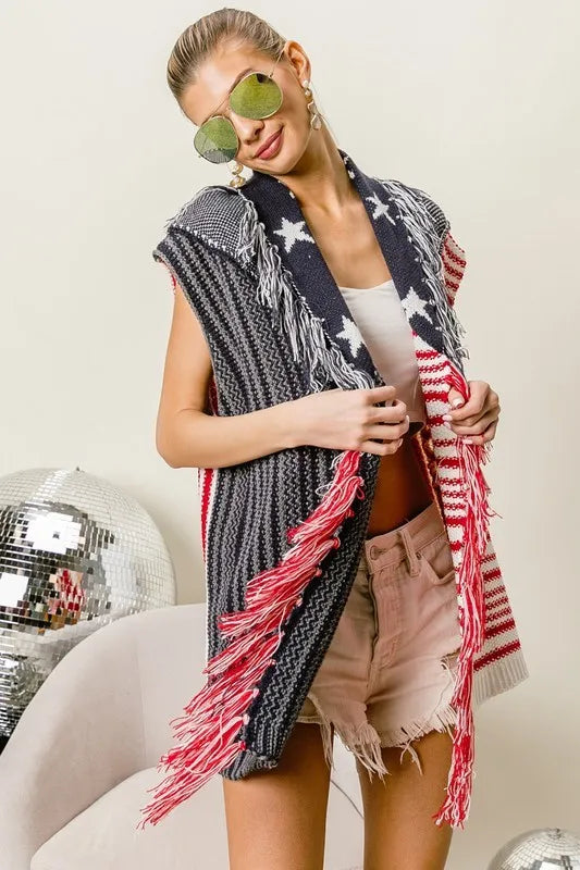 American Flag Fringe Edged Sweater Vest