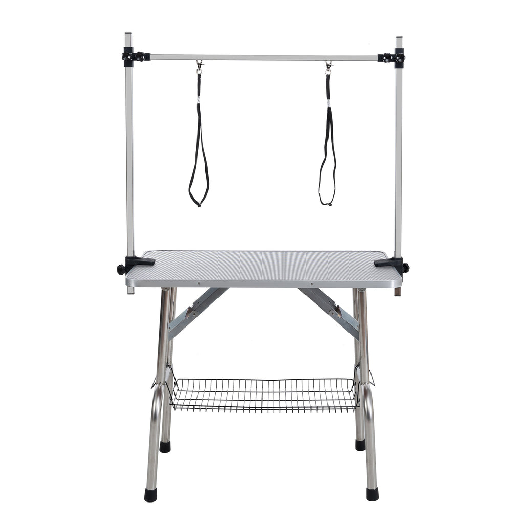42' Folding Dog Pet Grooming Table Stainless Steel Frame Rubber Mat on Board with Adjustable Arm and Clamps pet dog Cat Grooming Table (SILVER-GRAY COLOR)