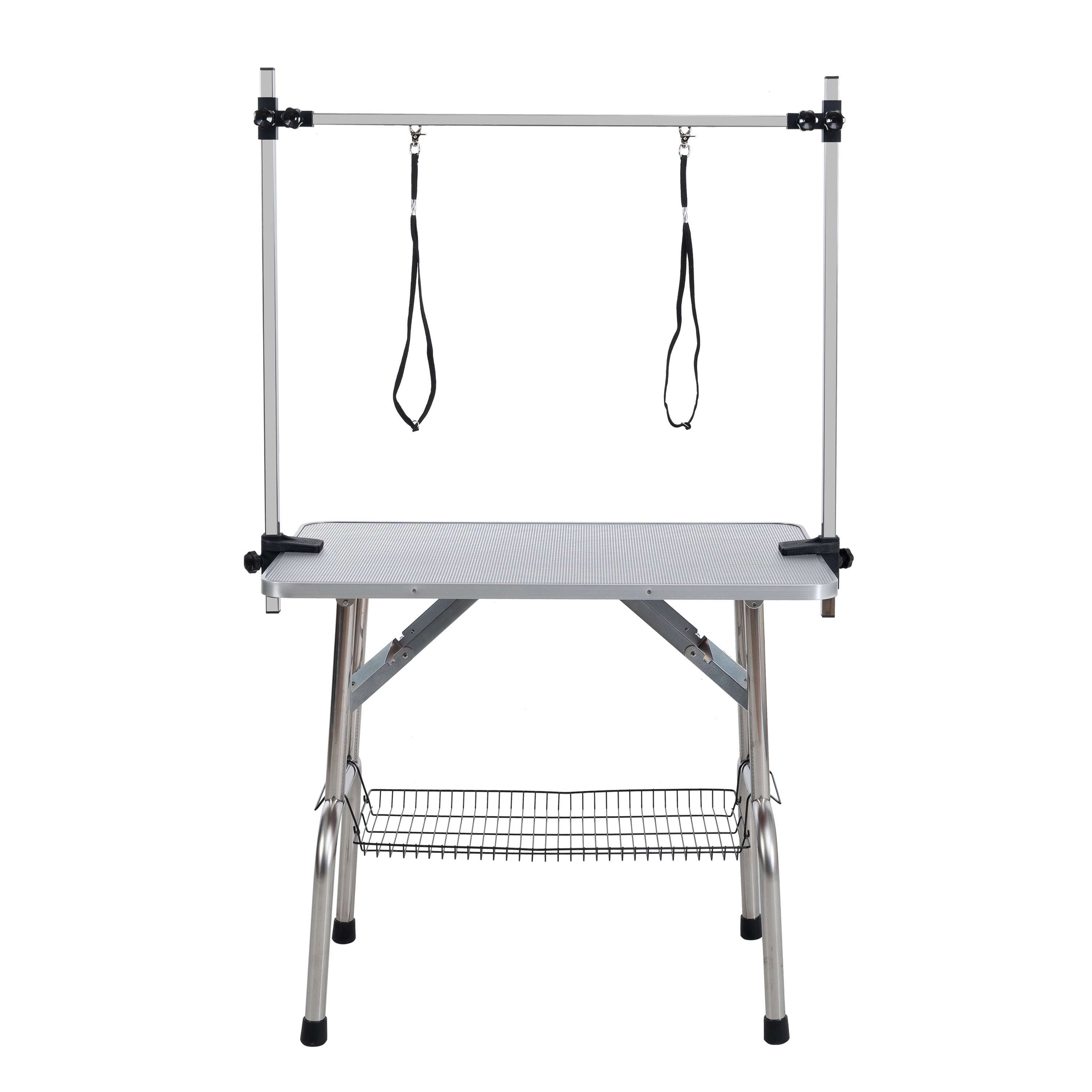 42' Folding Dog Pet Grooming Table Stainless Steel Frame Rubber Mat on Board with Adjustable Arm and Clamps pet dog Cat Grooming Table (SILVER-GRAY COLOR)