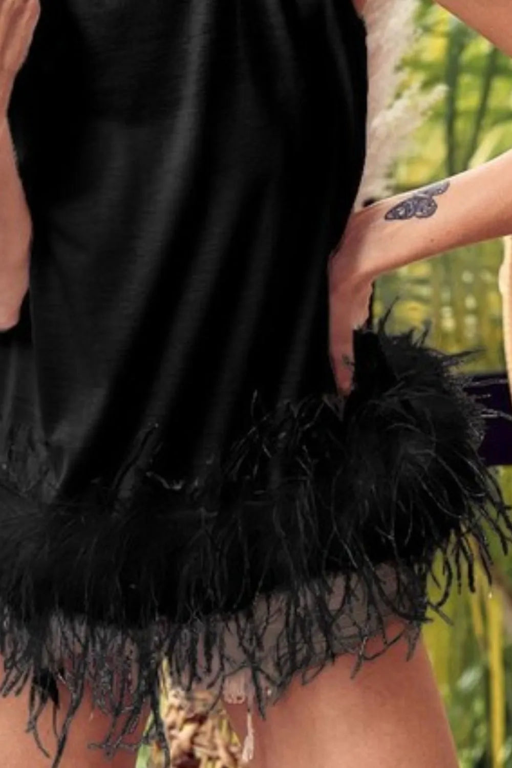 BiBi French Terry Faux Feather Bottom Back Tied Top