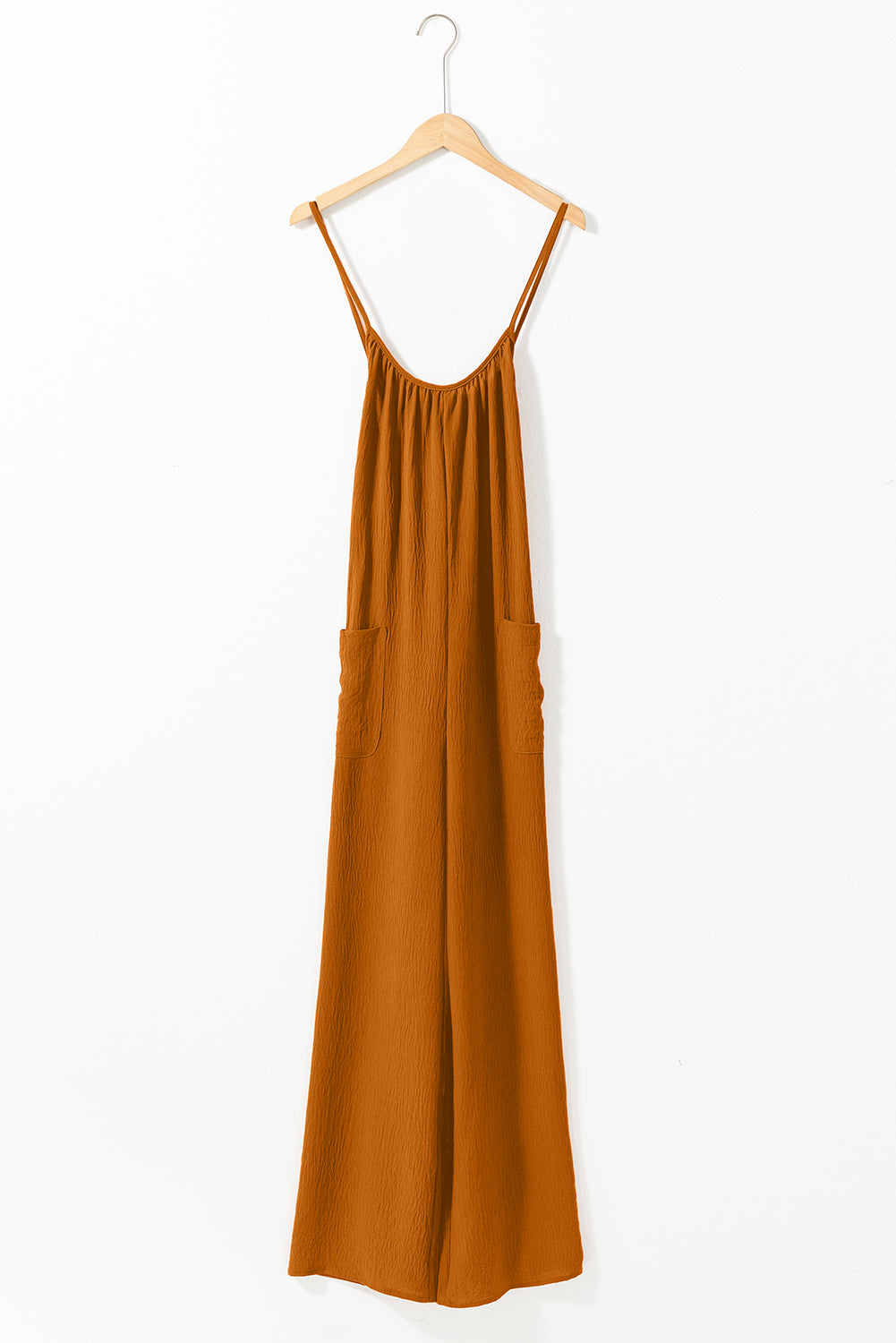 Apricot Spaghetti Straps Waist Tie Pocketed Wide Leg Jumpsuit