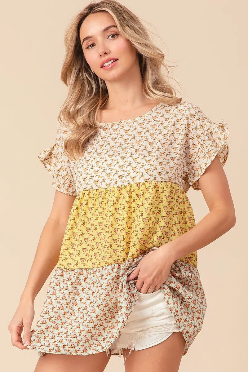 BiBi Flroal Printed Woven Color Block and Tiered Top in Yellow