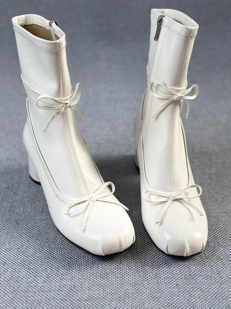 Ballet Style White High-heeled Round Head Thin Booties
