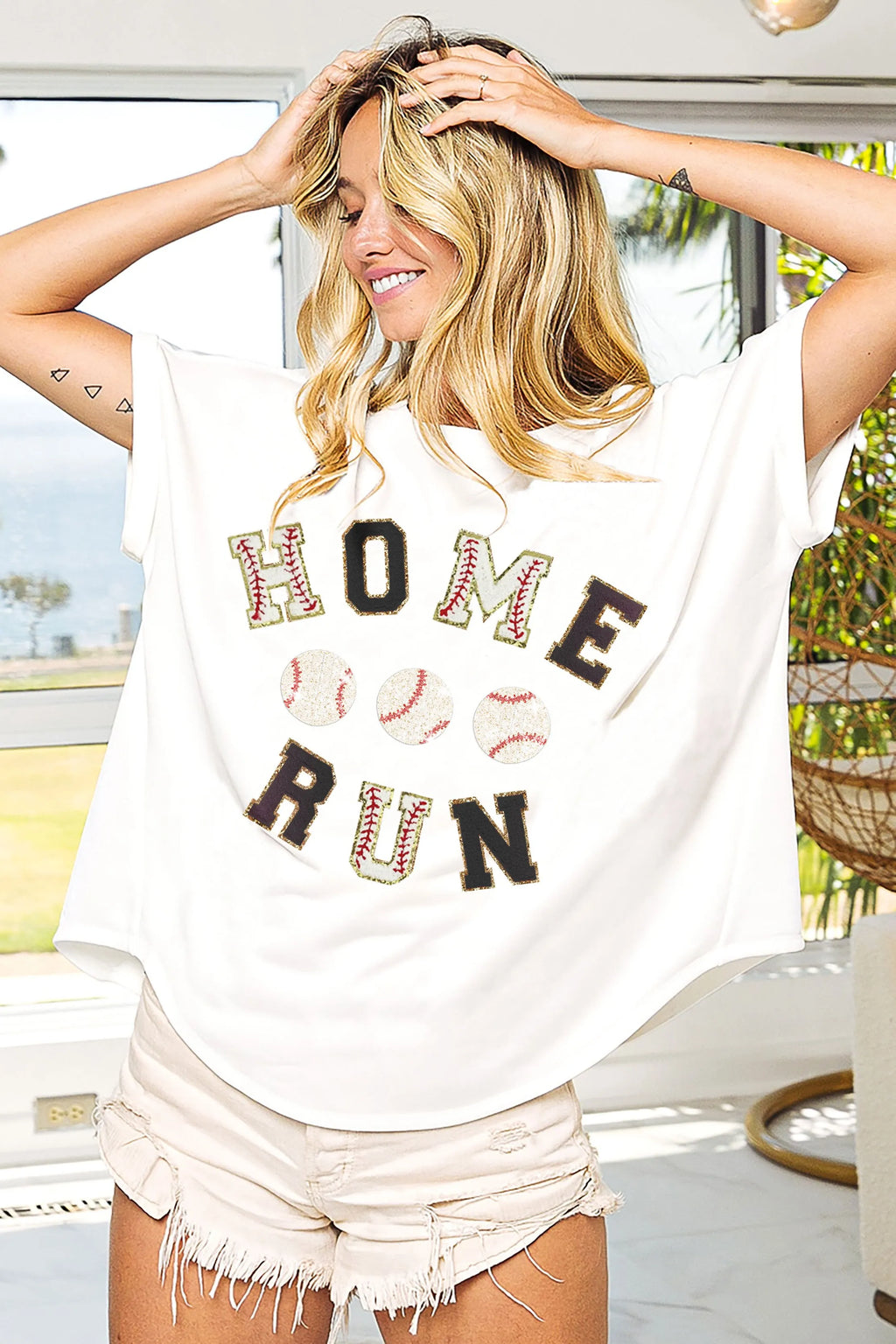 Baseballs Homerun Letter Washed Short Sleeve Top