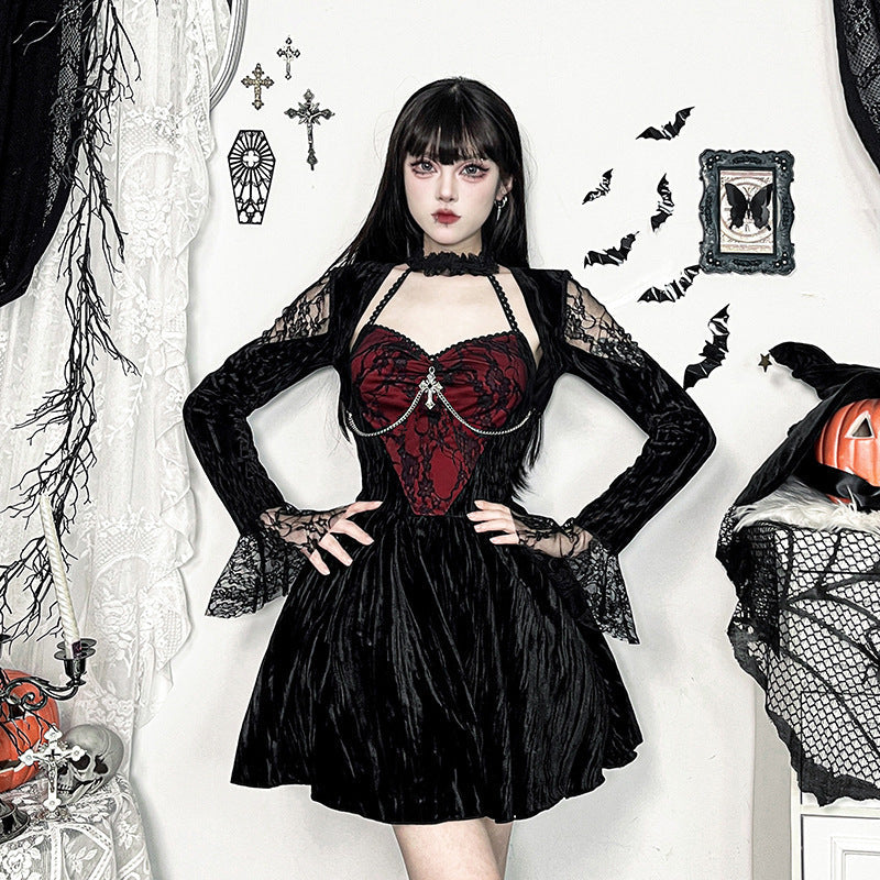 Autumn New Elegant Sexy Red Lace Stitching Velvet Dress Women