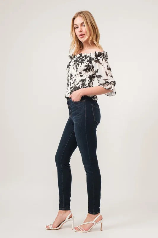 And The Why Smocked Off-Shoulder Floral Printed Top