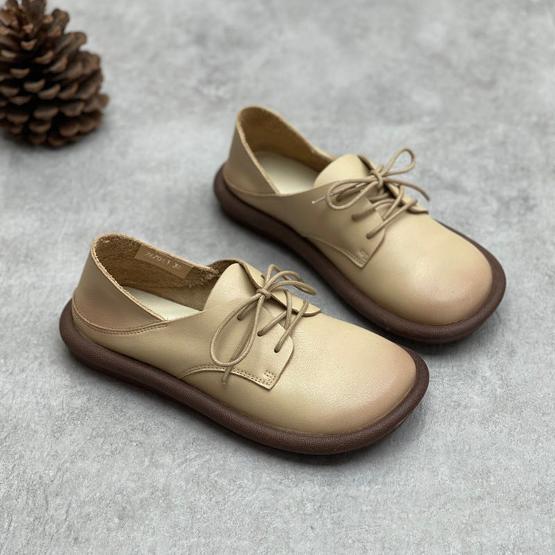 Authentic Leather British Style Retro Handmade Round Toe Lace-up Flat Shoes Shallow Mouth