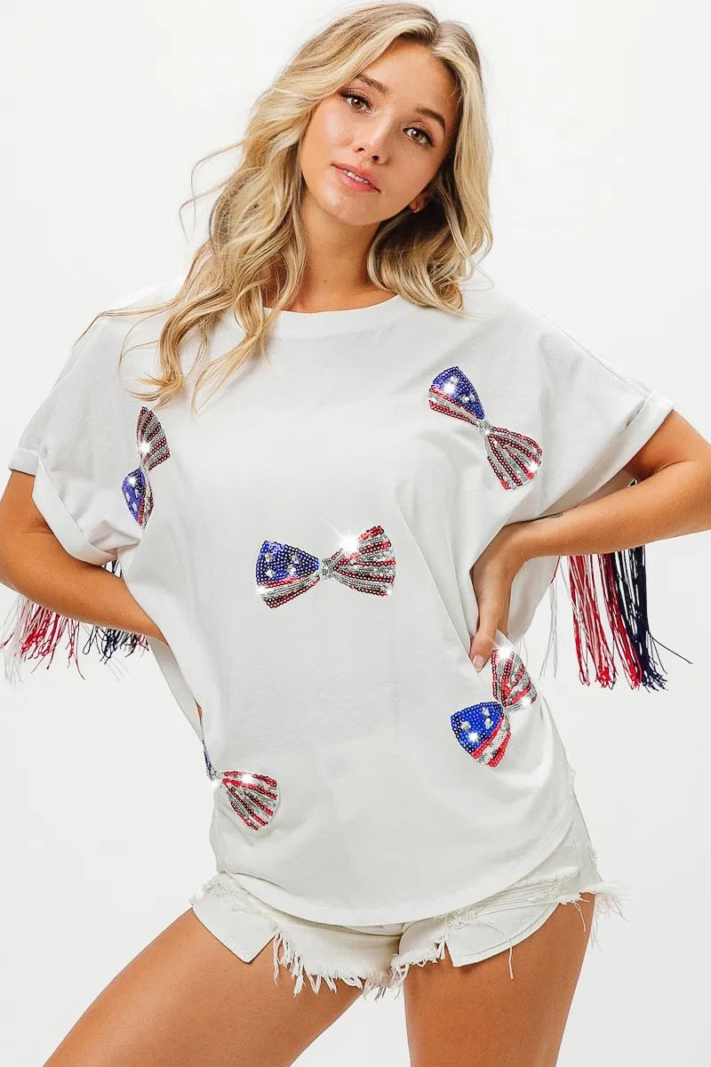 American Flag Sequin Ribbon T-Shirt